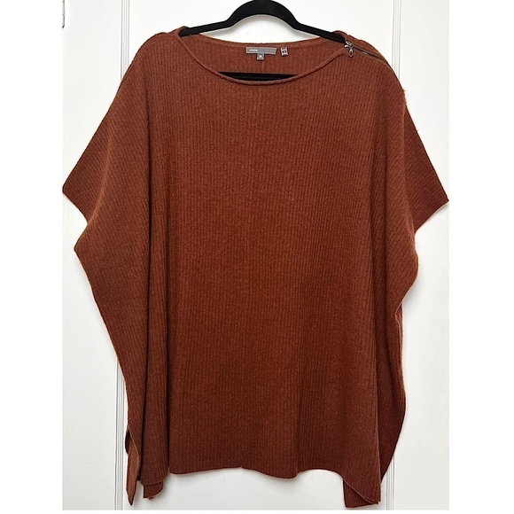 VINCE Rust Cashmere Wool Boatneck Zip Shoulder Rib Knit Loose Sweater Poncho XS - Picture 3 of 10